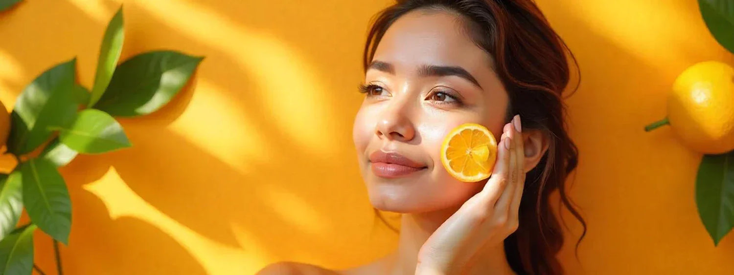 A radiant woman with glowing skin holding a fresh orange slice near her face, symbolizing the benefits of Vitamin C products for the skin. Bright and refreshing background. Discover skincare solutions with LaPink.