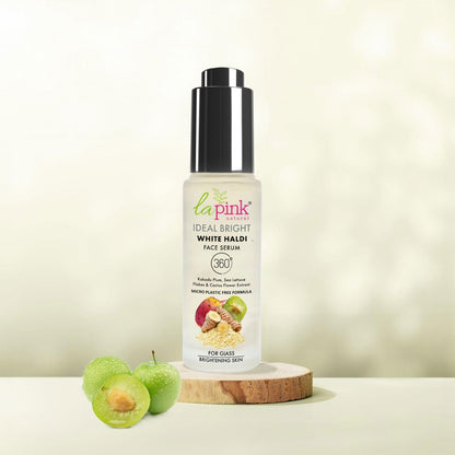 Ideal Bright Face Serum with White Haldi &amp; Sea Lettuce flakes for Brightened Glass Skin | 30 ml - La Pink