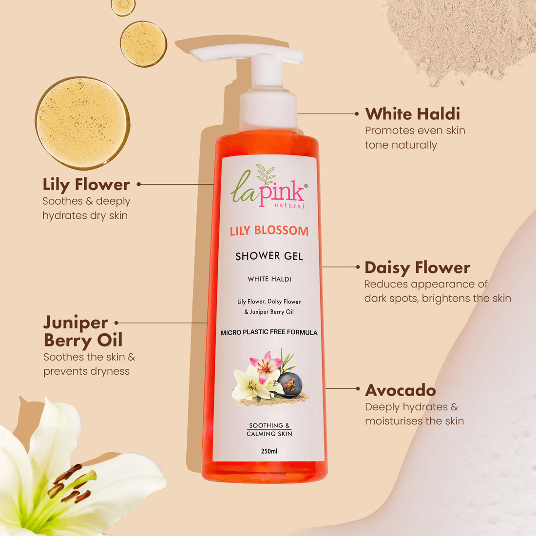 Lily Blossom Shower Gel with White Haldi for Soothing and Calming Skin - La Pink