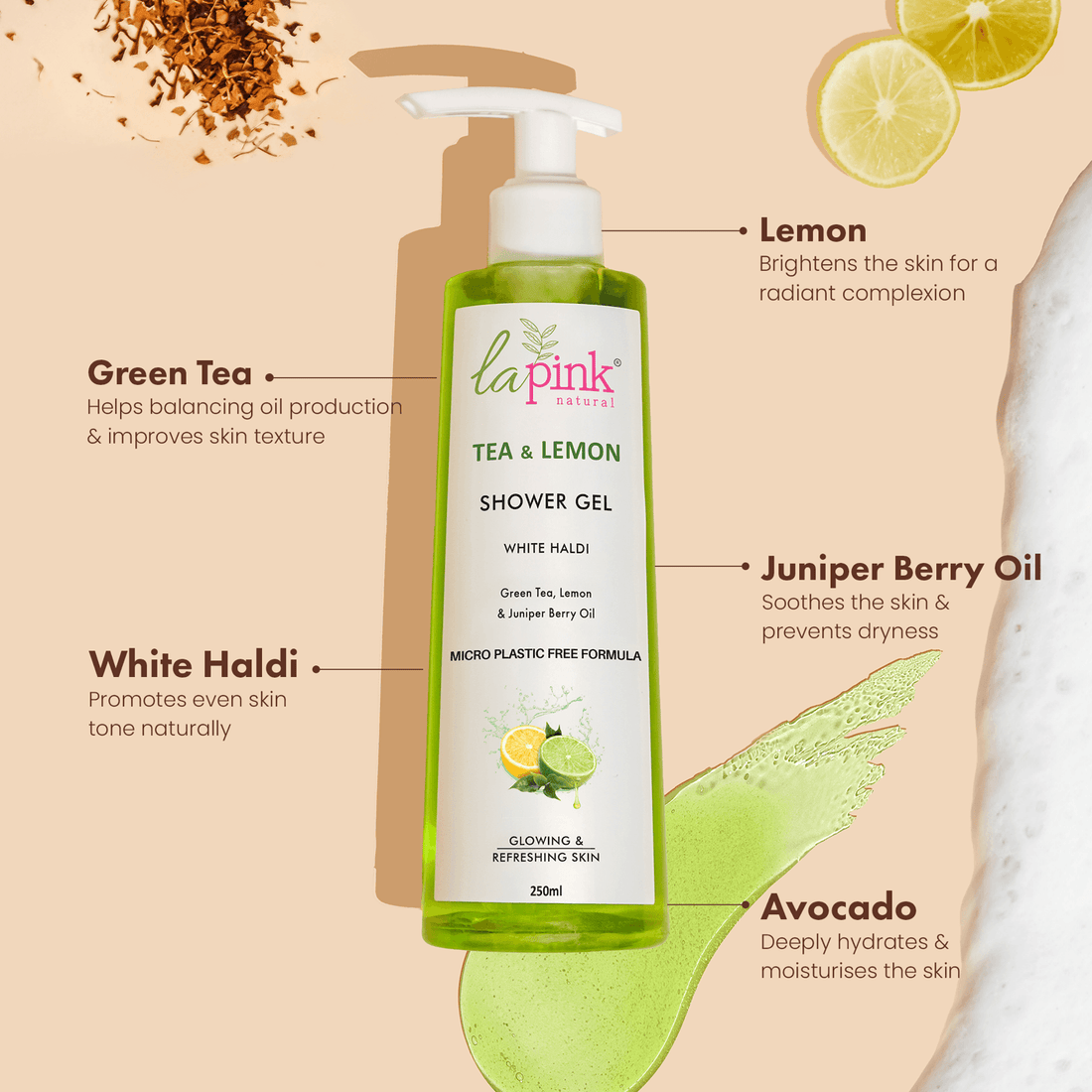 Tea &amp; Lemon Shower Gel with White Haldi for Glowing and Refreshing Skin - La Pink